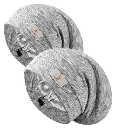 Vista 9 de SECZIPE 2 piezas de cofia de satén de seda para envolver el cabello para dormir, con correa ajustable para cabello rizado, gorras nocturnas Negro