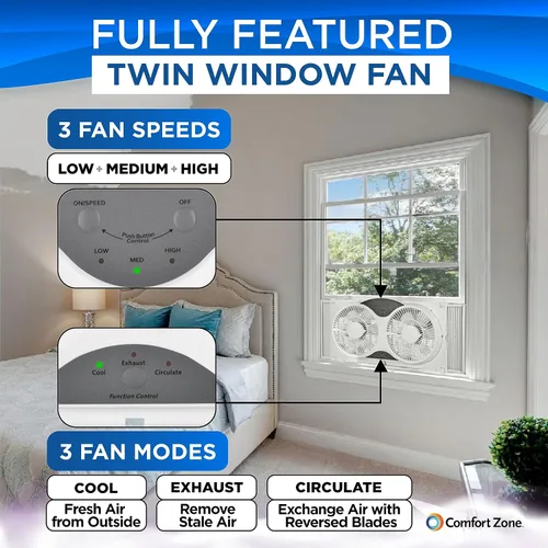 Vista 10 de COMFORT ZONE - Ventilador inteligente WiFi de 9 pulgadas para ventana doble, ventilador de doble hoja de 3 velocidades con aplicación y control