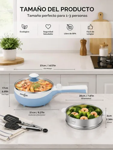Vista 6 de Audecook Olla Caliente Eléctrica, Mini Sartén Eléctrica Portátil de 1.7L con Ajuste de Potencia, Sartén de Salteado Antiadherente para Ramen