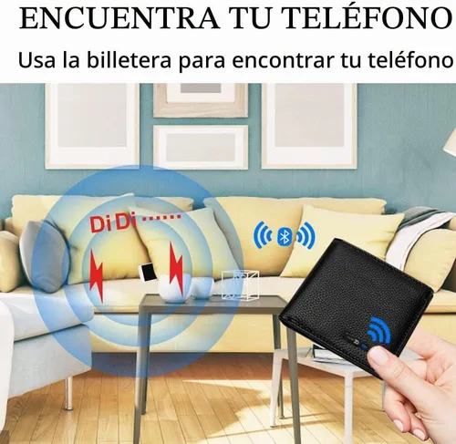 Vista 3 de Cartera para hombre con rastreador funciona con iOS y Android, billetera con billetera plegable de cuero auténtico, 8 tarjetas y 1 ventana para Negro