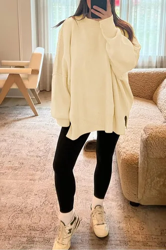 Vista 8 de LILLUSORY Suéter de manga larga con cuello redondo para mujer, de gran tamaño, de punto acanalado con abertura lateral