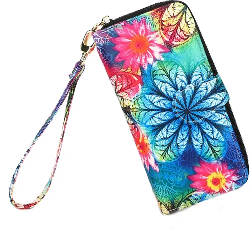 Vista 104 de Cartera de mano para mujer, estilo bohemio, con RFID, elegante, espaciosa con correa para viajes, capacidad para tarjetas, teléfono, dinero