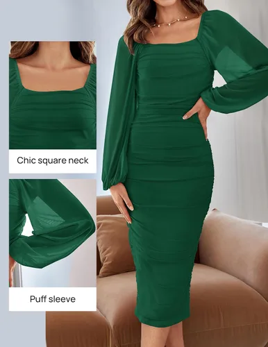 Vista 3 de ZESICA Vestido midi sexy y fruncido para mujer 2023, manga larga, cuello cuadrado, espalda descubierta, cóctel, fiesta, boda