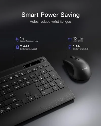 Vista 4 de Inateck Combo de teclado y mouse inalámbricos de tamaño completo para PC/Mac, silencioso Bluetooth de 2.4 GHz, reposamuñecas, soporte