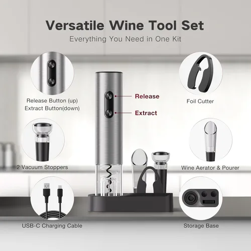 Vista 5 de BABONIR - Set de regalo de destapador de vino eléctrico 6 en 1, sacacorchos automático de acero inoxidable con cortador de papel de aluminio, tapón