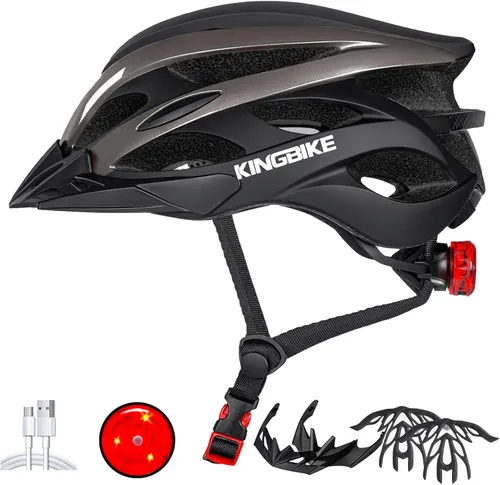 Vista 8 de KINGBIKE - Casco de bicicleta para adultos, hombres, mujeres y jóvenes, para ciclismo en carretera y montaña, con luz recargable por USB