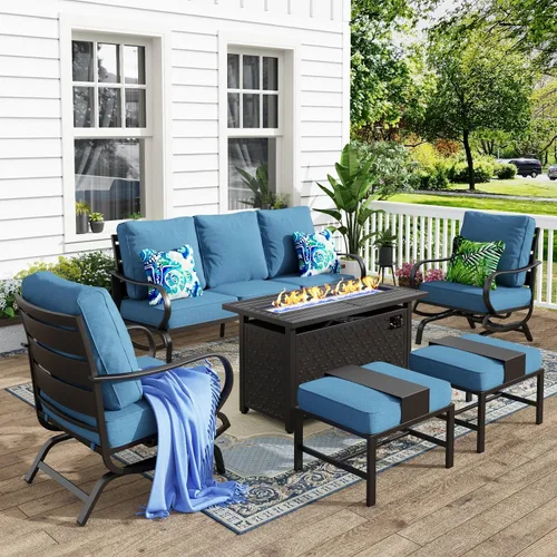 Vista 13 de MFSTUDIO Juego de 4 piezas de conversación para patio, marco de metal para todo tipo de clima, muebles de exterior con 1 mesa rectangular de propano