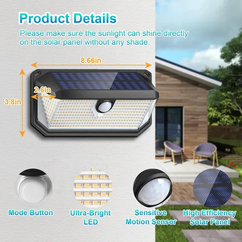 Vista 6 de Paquete de 2 luces solares con sensor de movimiento para exteriores, 388 LEDs 4000LM luces solares para exteriores impermeables con ángulo amplio