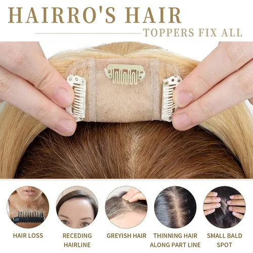 Vista 32 de Hairro Toppers de cabello humano 100% real para mujeres sin flequillo, postizos de cabello real con clip, base de seda transpirable para cubrir