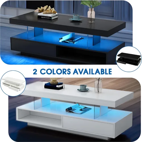 Vista 7 de Mesa de centro LED con almacenamiento, mesas de centro LED de alto brillo para sala de estar, mesa central con estante abierto y cajones Blanco