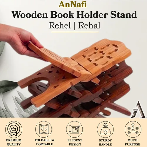 Vista 2 de AnNafi® Soporte de madera para libros Rehel/Rehal para la Biblia del Corán Geeta Soportes de libros indios para leer manos libres