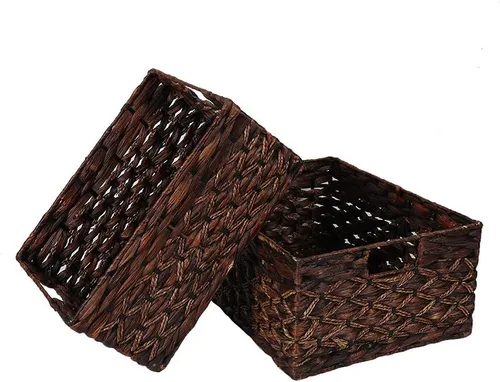 Vista 5 de Cesta rectangular tejida de jacinto de agua, cesta de almacenamiento oscura con asas interiores, estantes de cocina, escritorio de oficina