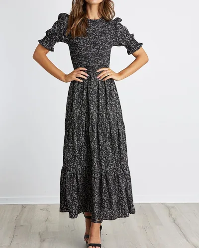 Vista 124 de BTFBM Vestidos para mujer, cuello redondo, casual, de verano, con volantes, manga corta, bohemio, con niveles, fruncido, largo, con estampado floral