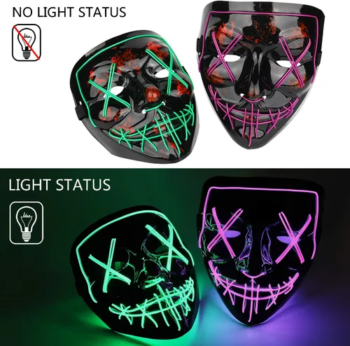 Vista 2 de Paquete de 2 máscaras de Purga de Halloween, máscara de luz LED, máscara de miedo para hombres, niños, cosplay, Halloween, fiestas de máscaras