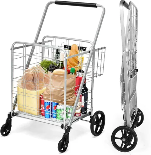 Vista 13 de Goplus Carrito de compras plegable jumbo con ruedas giratorias, carrito de compras plegable sobre ruedas con doble cesta, carrito de utilidad Negro