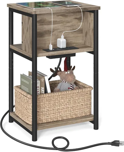 Vista 15 de VASAGLE Mesa auxiliar con estación de carga, mesa auxiliar de 3 niveles con puertos USB y tomas, mesita de noche para sala de estar, dormitorio