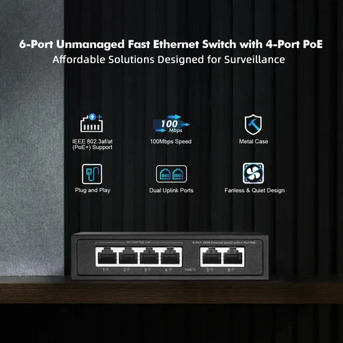 Vista 2 de Mini conmutador PoE de 6 puertos con 4 PoE+, 2 Uplink, Ethernet de 10/100Mbps, 65W 802.3af/at PoE, interruptor de red PoE+ YuLinca sin ventilador