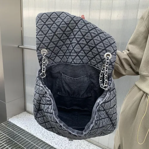 Vista 7 de Bolso casual de un hombro de moda retro de mezclilla a cuadros de diamante gris para mujer Grande