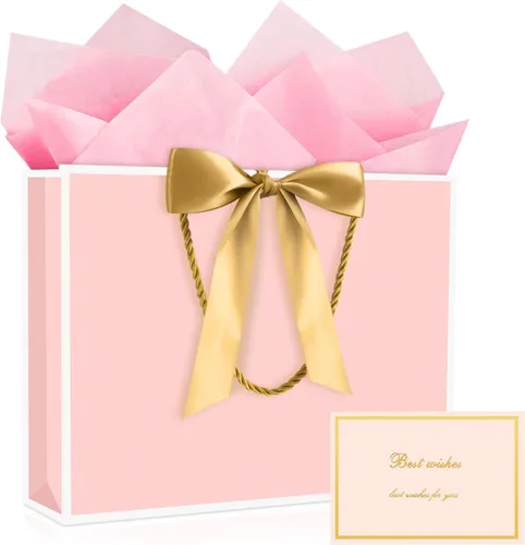 Vista 10 de JMANNI 12 bolsas de regalo de papel de boda con asa, bolsas medianas de regalo de agradecimiento de 13 pulgadas con lazo de cinta, regalos