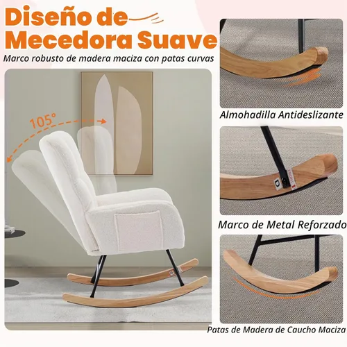 Vista 3 de Mecedora tapizada para cuarto de bebé, asiento acolchado con respaldo alto, patas de madera maciza para guardería, dormitorio, sala de estar