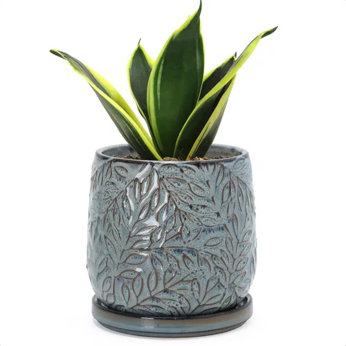 Vista 11 de D'vine Dev Maceta de gres con hojas en relieve de 4 pulgadas con orificio de drenaje y platillo, azul grafito, 27-A-Z-9 Nature-Inspired Leaf