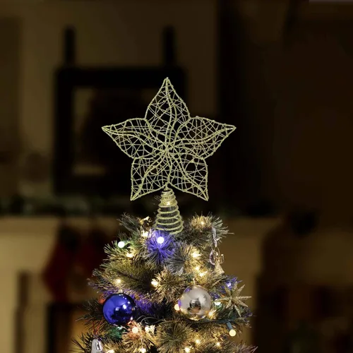 Vista 3 de Ornativity - Estrella con brillantes dorada para la punta del árbol - Estrella de alambre con destellos dorados, flor con pétalos frondosos