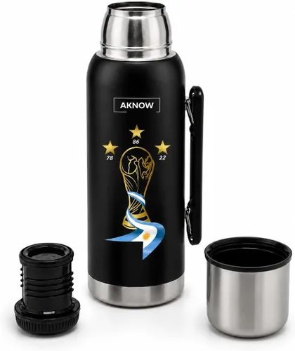 Vista 2 de Thermo Argentino mate agua Copa del Mundo Botella de acero inoxidable con bandera argentina 1LT (negro)