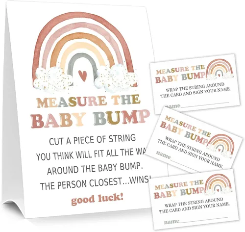 Vista 7 de Letrero de Baby Shower Games Measure the Baby Bump, How Big is Mommy's Belly Party Favors, cartel de pie Kraft de 5 x 7 pulgadas y 50 tarjetas