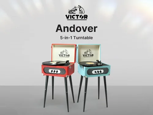 Vista 2 de Victor VWRP-3200 Andover - Tocadiscos 5 en 1 con reproductor de discos de 3 velocidades, radio FM, Bluetooth, altavoces integrados y patas de altura