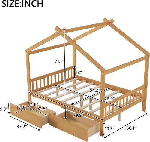 Vista 2 de Merax Cama de plataforma de tamaño matrimonial con dos cajones, marco de cama de madera con diseño de techo con cabecera y estribo, no necesita