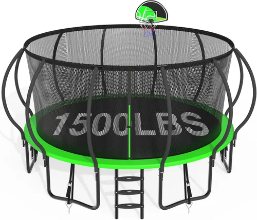 Vista 13 de Trámpolines de 1500 libras 8 10 12 14 15 16 pies para niños y adultos con red de protección, estacas para viento, aro de baloncesto, trámpolines