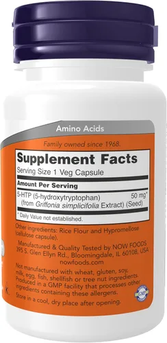 Vista 2 de NOW Suplementos, 5-HTP (5-hidroxitriptófano) 50 mg, soporte de neurotransmisores*, 30 cápsulas vegetales