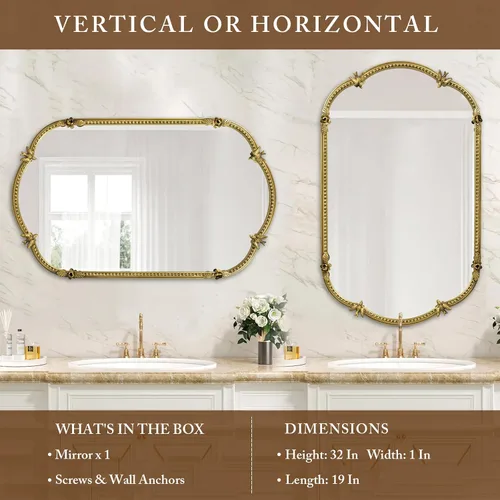Vista 3 de Espejo de pared ovalado dorado de 19 x 32 pulgadas, espejo decorativo con marco de cuentas de metal, bonito patrón de pájaros y flores, espejo