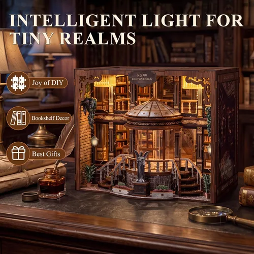 Vista 2 de SUNNINO Kit de rincón de libros, kit de casa en miniatura en 3D, rompecabezas de madera en 3D, kits de rincón de libros para adultos con luces LED