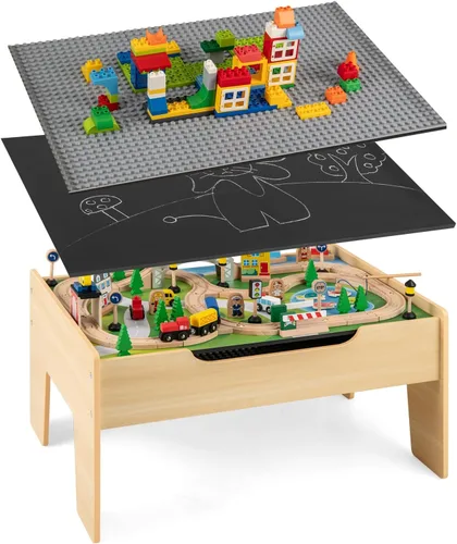 Vista 12 de HONEY JOY Mesa de tren, mesa de actividades de madera para niños con cajón de almacenamiento, 100 piezas multicolores, pistas, trenes, autos, juego