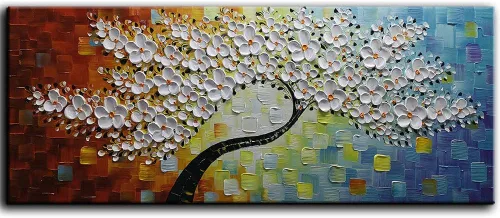 Vista 19 de YaSheng Art - Pintura al óleo de arte contemporánea hecha a mano de flores blancas en lienzo con textura 3D, pinturas de árbol abstractas