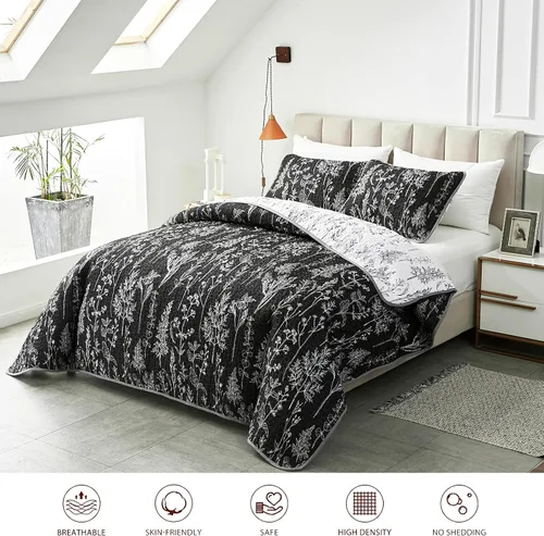 Vista 2 de Juego de edredón de 2 piezas individual, diseño botánico reversible negro y blanco, colcha de microfibra suave y suave, funda de cama para todas