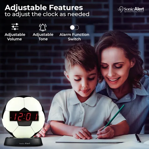 Vista 6 de Sonic Alert Reloj despertador con balón de fútbol con luz nocturna brillante, batería de reserva y atenuador de rango completo, reloj despertador