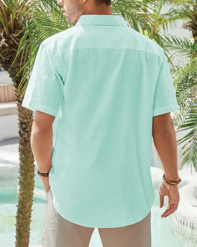 Vista 2 de J.VER Camisas de algodón y lino para hombre, de manga larga, casual, con botones, elegantes camisetas de playa con bolsillo