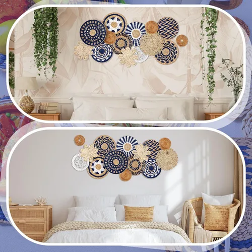Vista 6 de Xuhal 15 piezas de decoración de cesta de pared estilo bohemio, cestas de pared tejidas de algas marinas artesanales, cestas de pared rústicas