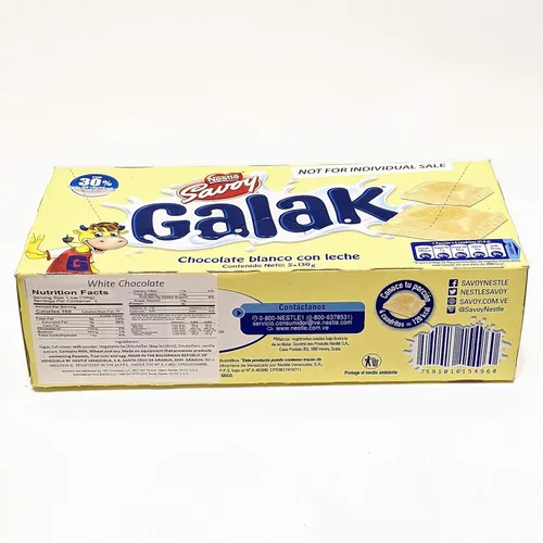 Vista 4 de Galak Chocolate Blanco con Leche de Venezuela, contenido neto: 1 caja con 5 barras de 4.59 oz c/u