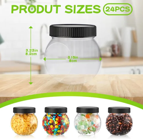 Vista 2 de Tradder 24 tarros de plástico para dulces con tapas de 8.5 onzas de boca ancha, recipientes para dulces a granel para galletas, bufé, café, fiesta