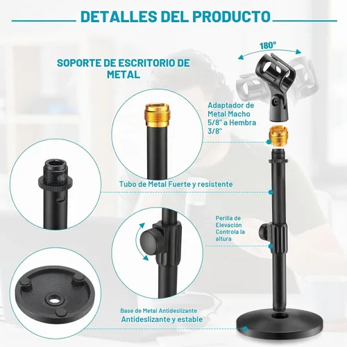 Vista 3 de Hoteam - Soporte de micrófono de escritorio ajustable con clip, base redonda de metal (2 unidades)