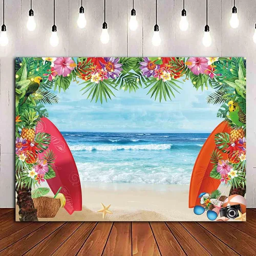 Vista 10 de HQM Fondo de fotos con temática de playa tropical de verano, 5 x 3 pies, tela para conchas de playa, Hawaii, flor de mar azul, para niños