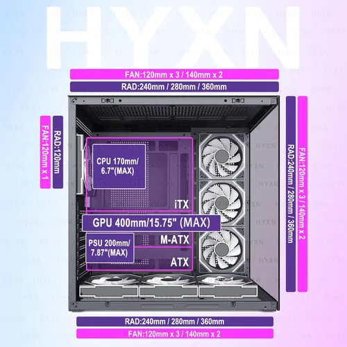 Vista 6 de H1 HYXN - Funda para PC, 7 ventiladores Infinity Mirror PWM ARGB preinstalados, carcasa de computadora ATX Mid Tower, funda de PC