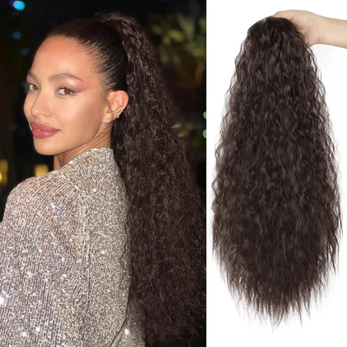 Vista 8 de Extensiones de pelo largo para cola de caballo ondulado con cordón de 22 pulgadas, cabello sintético con cordón, para mujer
