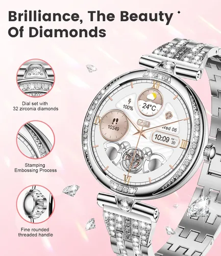 Vista 4 de LIGE Relojes inteligentes para mujeres (Responder/Realizar llamada) con diamantes, reloj inteligente AMOLED de 1.19” con monitor de ritmo