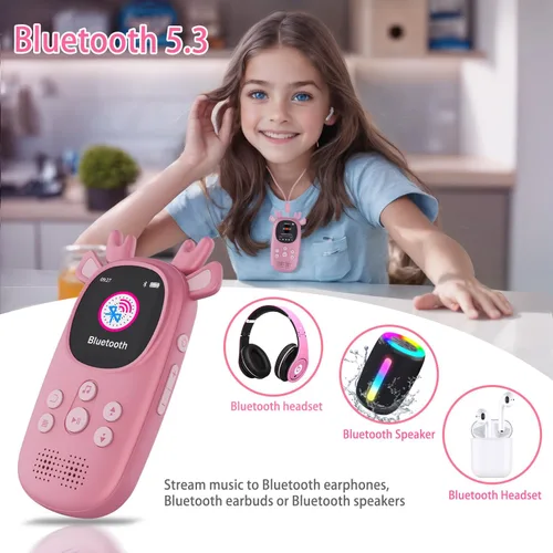 Vista 4 de Reproductores MP3 de 32 GB para niños, lindo reproductor de música portátil Bluetooth para niños con renos, reproductor MP3 para niños con Bluetooth