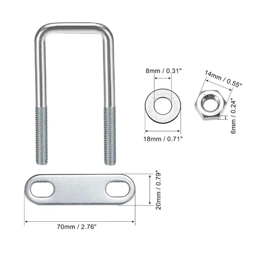 Vista 22 de uxcell Pernos cuadrados en U de 1 "(25 mm) de ancho interior de acero al carbono M8 con tuercas, placa de marco, arandelas redondas, juego de 4