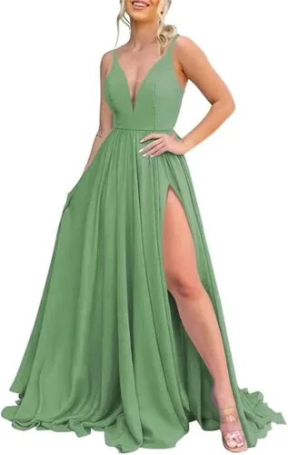 Vista 37 de Vestidos largos de dama de honor para mujer, con abertura, cuello en V, vestido de fiesta formal para boda